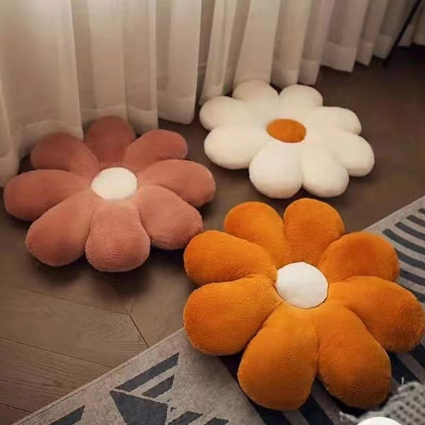 Dekoratives Kissen aus Kaninchenfell – 8-blättriges Blumenmuster – Rosa/Weiß/Orange – 50 cm